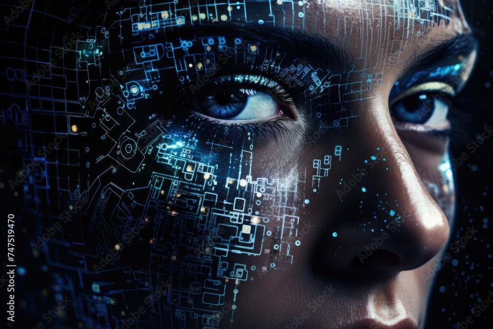 Poster close up of a person's face with a futuristic design, suitable for technology concepts