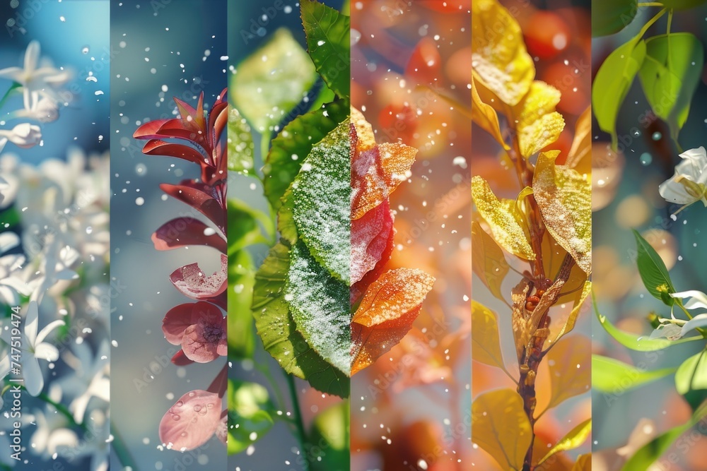 Poster a series of four images featuring various leaves and flowers. suitable for nature and botanical-them