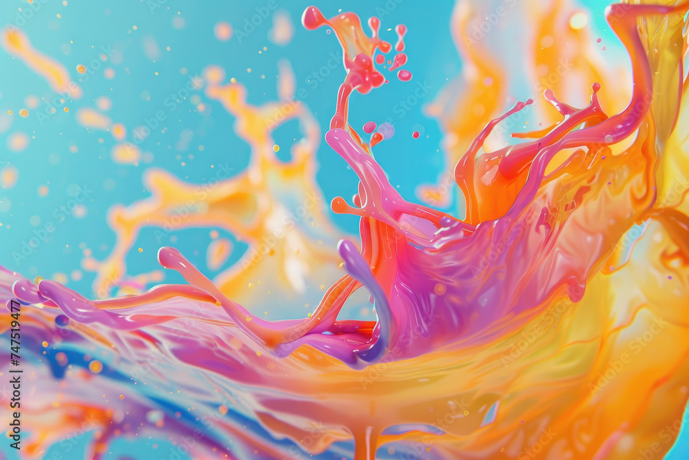 Poster vibrant splash of colors on a blue backdrop - a high-speed capture of a dynamic and vibrant splash o