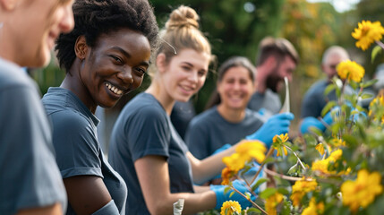 A series of photos capturing employees' participation in volunteer and community service activities, dressed in corporate attire and representing the company's values — Creation an - obrazy, fototapety, plakaty