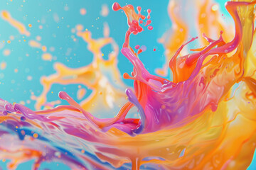 Vibrant splash of colors on a blue backdrop - A high-speed capture of a dynamic and vibrant splash of multi-colored paint creating abstract art against a blue background