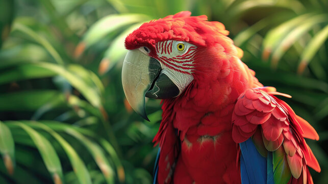 Vibrant Red Macaw Parrot in Greenery - This striking image captures a majestic red macaw parrot amidst lush green foliage, showcasing its vibrant plumage