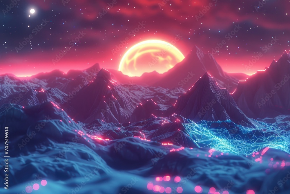 Poster a stunning view of a mountain range under the light of a full moon. perfect for nature and landscape