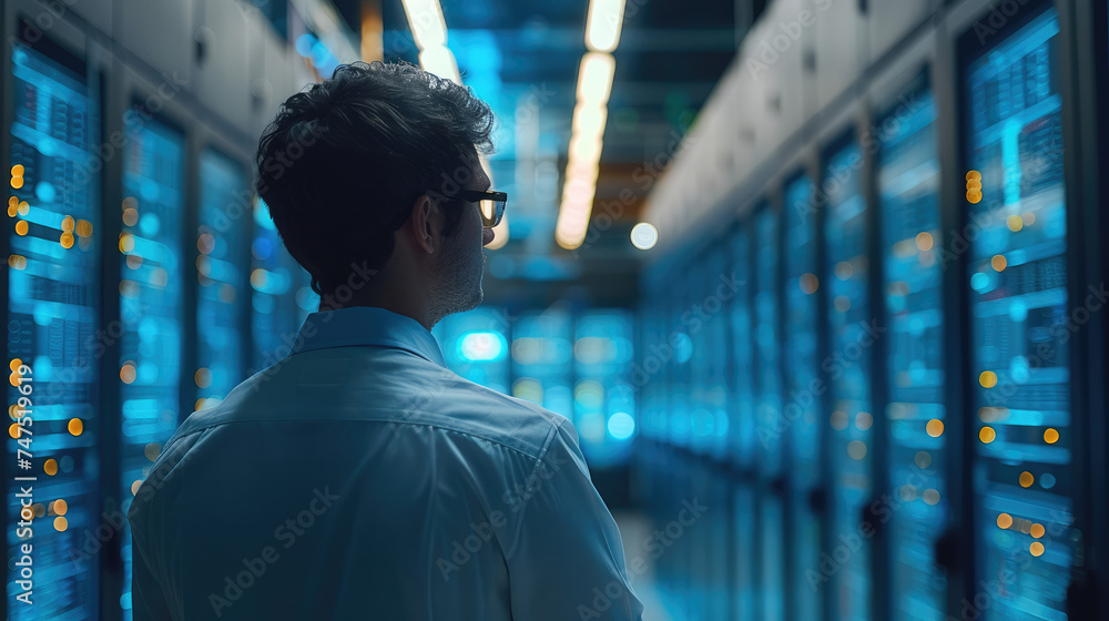 Poster engineer watching a remote monitoring software for data center. generative ai.