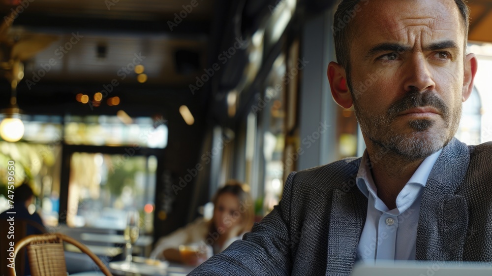 Poster a man sitting at a table working on his laptop. suitable for technology and business concepts