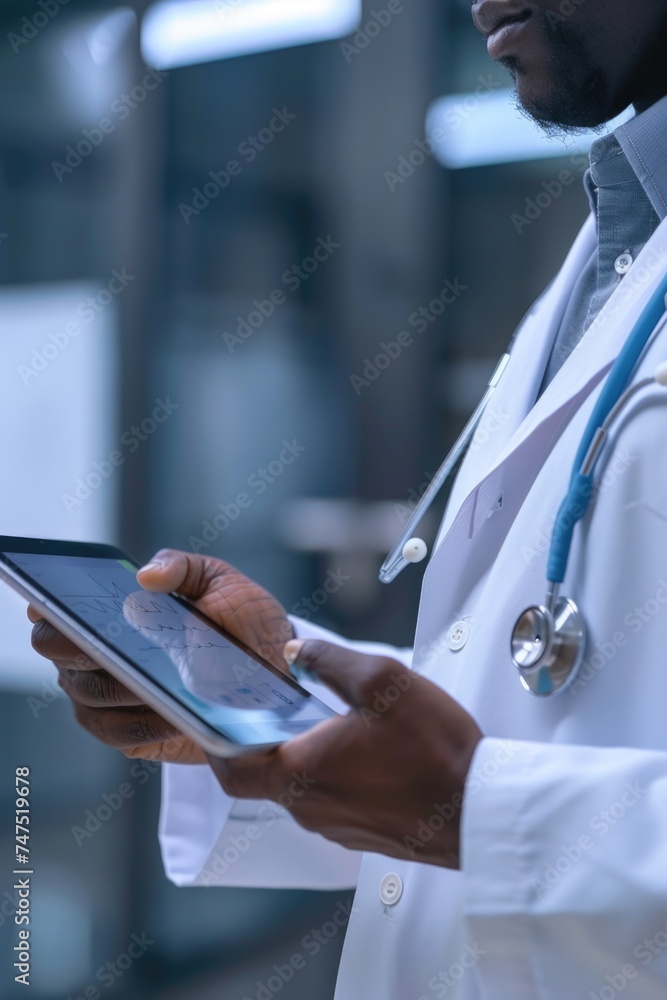 Poster A man in a lab coat holding a tablet computer. Suitable for scientific or technology concepts