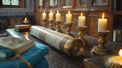 The Torah on the table signifies spiritual reverence, while its reading imparts wisdom - obrazy, fototapety, plakaty