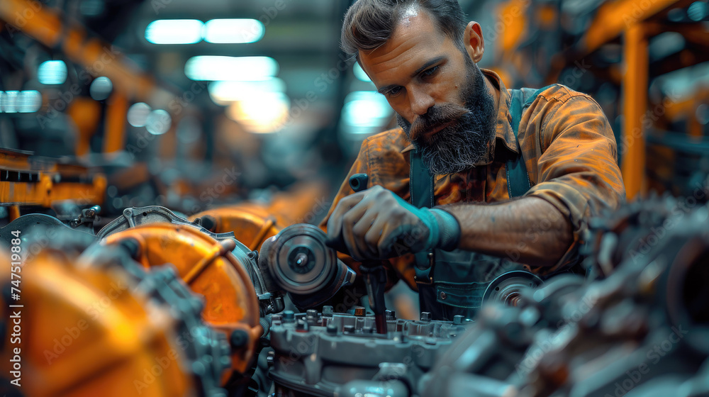 Poster engine mechanic fixing truck engines. generative ai.