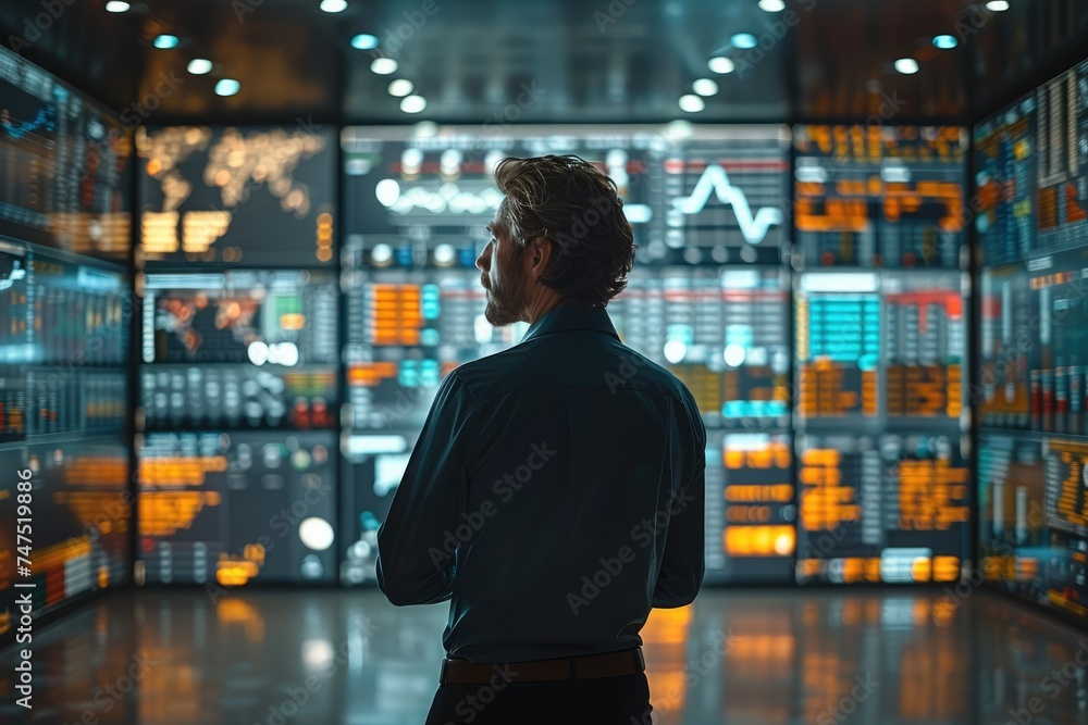 Aufkleber A financial expert analyzing stock market trends look at digital screens displaying statistics and graphs. Generative AI.