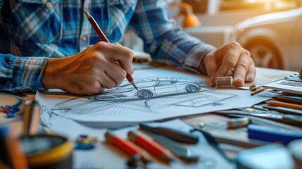 A man, using his hand and fingers, is making a gesture while drawing a car on a piece of paper, showcasing his artistic and engineering skills. AIG41