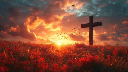 Foto op Canvas Dramatic Sunset Behind Cross with Flock of Birds © jechm