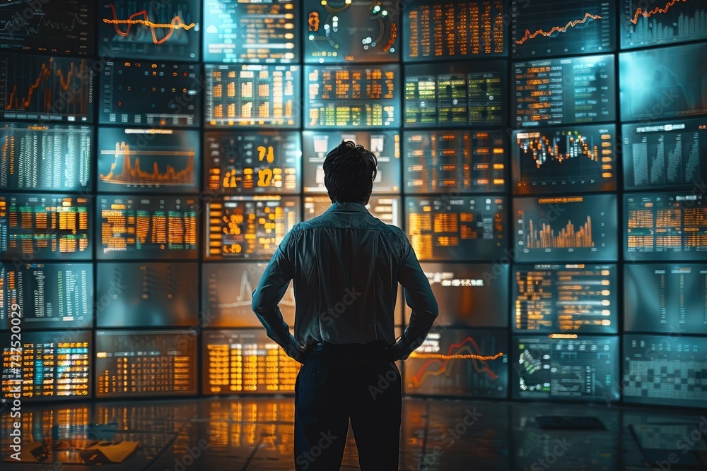 Aufkleber a financial expert analyzing stock market trends look at digital screens displaying statistics and g