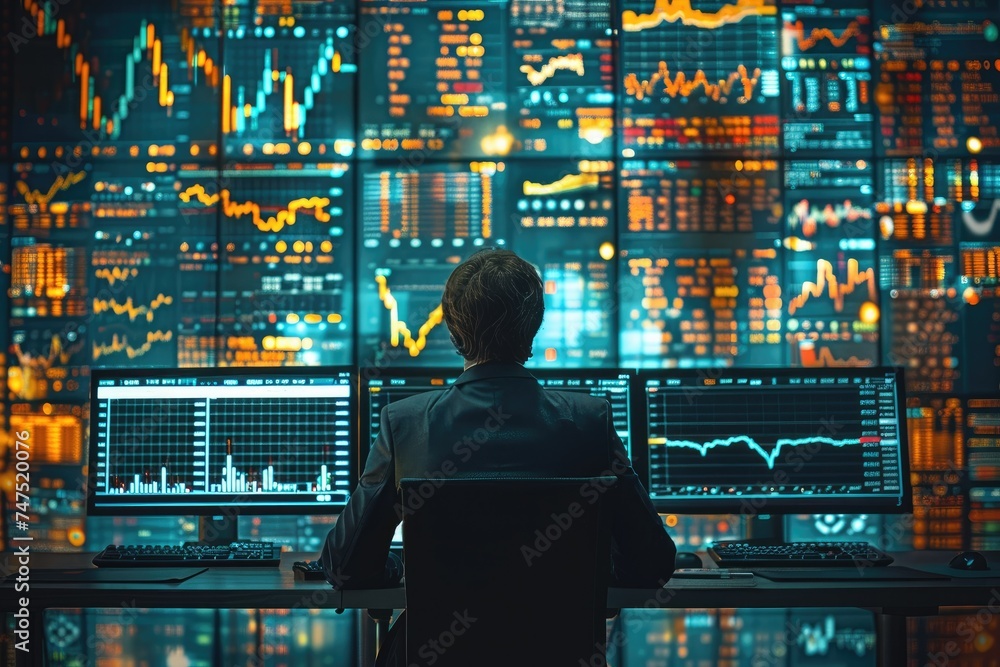 Aufkleber a financial expert analyzing stock market trends look at digital screens displaying statistics and g