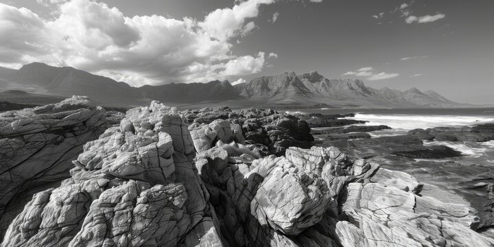 A stunning black and white photo of a rocky beach. Perfect for various design projects