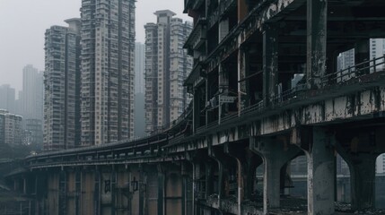 Fototapeta premium A train crossing a bridge next to tall buildings. Suitable for transportation and urban themes