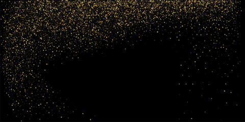 Fototapeta na wymiar Gold dust. Confetti with gold glitter on a black background. Shiny scattered sand particles. Decorative elements. Luxury background for your design, cards, invitations. Vector