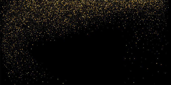 Gold dust. Confetti with gold glitter on a black background. Shiny scattered sand particles. Decorative elements. Luxury background for your design, cards, invitations. Vector