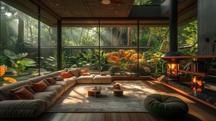 Fototapeta premium A living room in the rainforest with a fireplace. Generative AI.