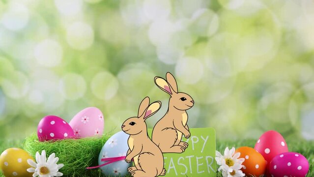 4K Mobile Video, Easter bunny hopping and easter eggs, copy space