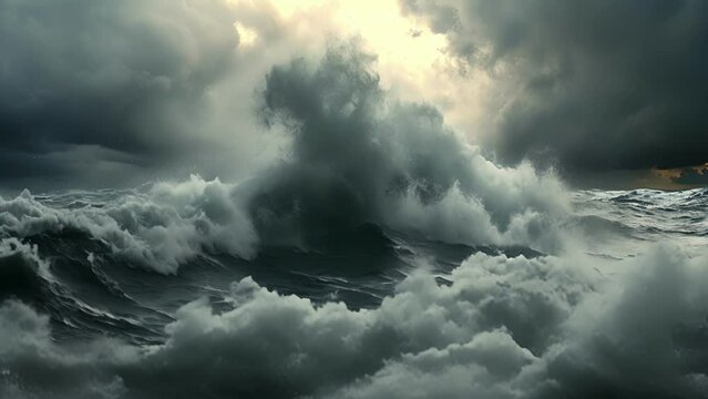Closeup of a stormy ocean wave with dark clouds looming in the distance and wind whipping the water into a frenzy.