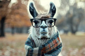 Küchenrückwand glas motiv A chic llama wearing hipster glasses and a scarf, nonchalantly chewing, captured for a trendy fashion magazine © Minmon_Designhub