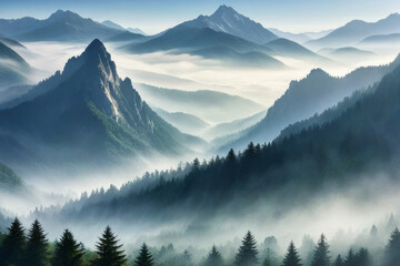 Beautiful landscape with fog in the mountains and forest. Natural background. Early morning mist - obrazy, fototapety, plakaty