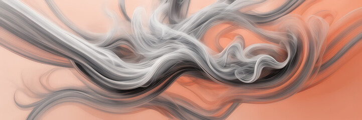Abstract depiction of swirling smoke trails in shades of silver and steel against a backdrop of coral blush. - obrazy, fototapety, plakaty