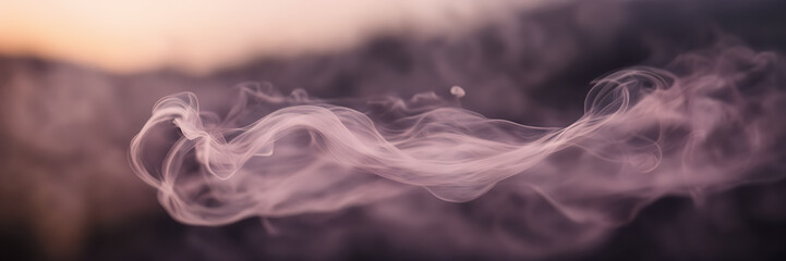 Close-up image highlighting the delicate wisps of smoke gently unfolding against a background of dusky mauve. - obrazy, fototapety, plakaty