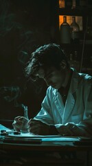 Fototapeta premium A solitary figure in a lab coat, pondering over a test that reveals more questions than answers, surrounded by darkness
