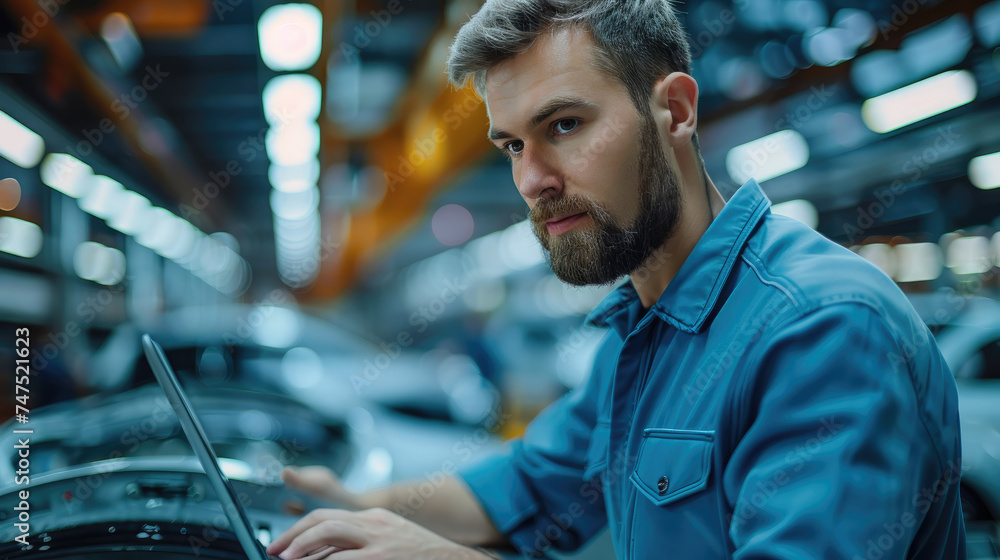 Aufkleber car factory engineer using laptop computer working with software at automotive industrial manufactur