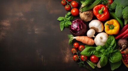 Raw organic vegetables with fresh ingredients for healthily cooking on vintage background, top view, banner. Vegan or diet food concept. Background layout with free text space