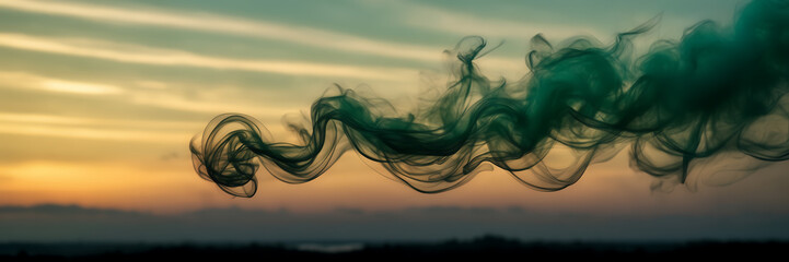 Photograph capturing the ethereal beauty of smoke tendrils in hues of emerald and jade against a backdrop of golden twilight. - obrazy, fototapety, plakaty