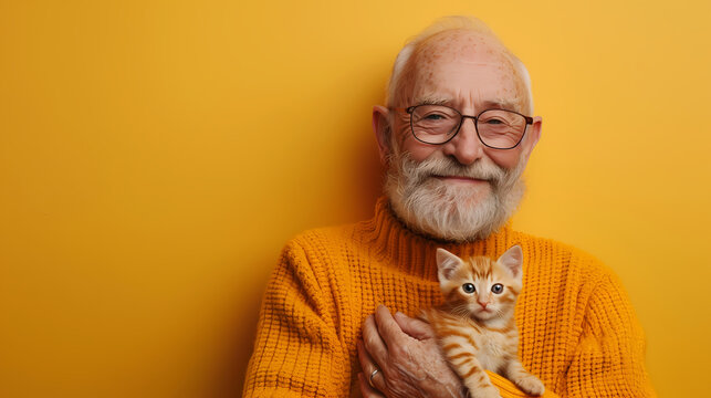 Un homme âgé avec une barbe blanche et portant des lunettes rondes, souriant et tenant un chaton roux sur fond orange.