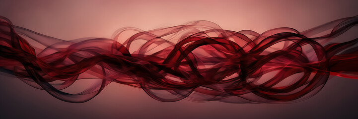 Abstract composition featuring intertwining ribbons of smoke in shades of ruby and garnet against a backdrop of twilight hues.