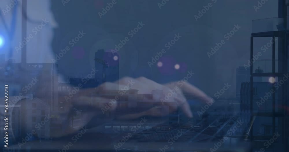Poster animation of ai data processing over caucasian businesswoman using computer