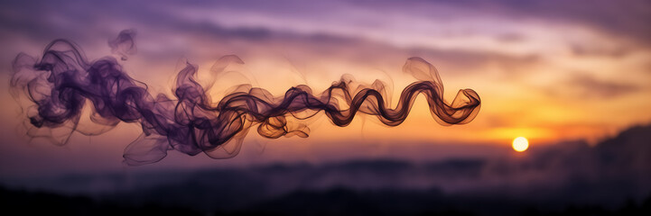 Photograph capturing the hypnotic allure of smoke tendrils in shades of amethyst and citrine against a backdrop of twilight. - obrazy, fototapety, plakaty