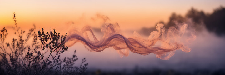 Photograph highlighting the ethereal beauty of smoke tendrils in hues of peach and apricot against a backdrop of dusky lavender. - obrazy, fototapety, plakaty