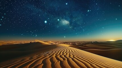 An empty dune desert under a bright starry sky. Generative AI. - obrazy, fototapety, plakaty