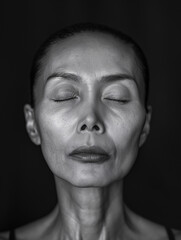 Retrato de Mujer Calva en Blanco y Negro, con ojos cerrados y expresión serena - obrazy, fototapety, plakaty