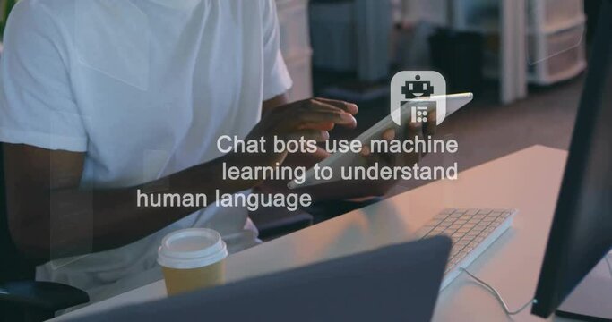Animation of ai text on screen and data processing over african american man using tablet