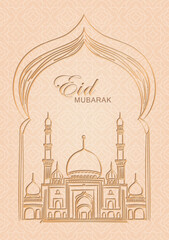 Eid Mubarak greeting card with hand drawn linear Mosque on beige background with Arabic pattern frame. Vector vertical banner with golden outline Masjid and Muslim arch. Ramadan Kareem luxury poster