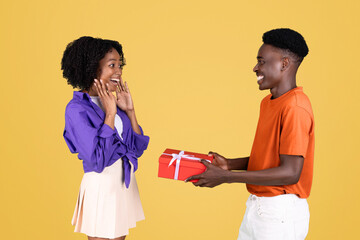 Overjoyed young woman in a purple blouse with hands on her cheeks receiving a red gift box