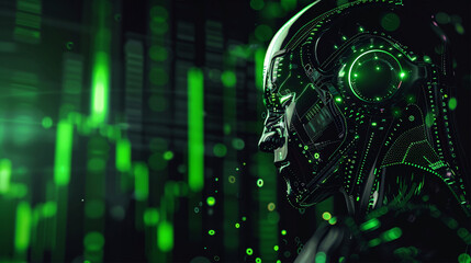 black background, on the left the growth of the company's shares, teglological and minimalistic, graphic colors are bright green and gray in front of the graph is a robot head with a bright green