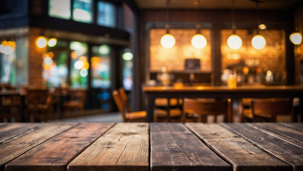 an empty table to assemble products in a rustic and cozy restaurant, bar in the background bokeh, space for text
 - obrazy, fototapety, plakaty