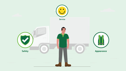 Driver thinking Money for spending. Vector cartoon illustration. Character design. Cute person. Good idea. Transport company. Relocation. Move.
