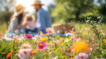 A happy family gathered in a natural landscape, enjoying a picnic amidst blooming flowers, lush...