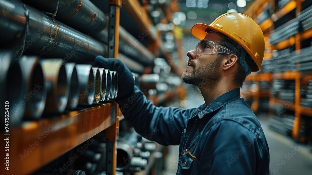 Poster engineer inspecting steel pipe material for production on shelf rack at factory . generative ai.