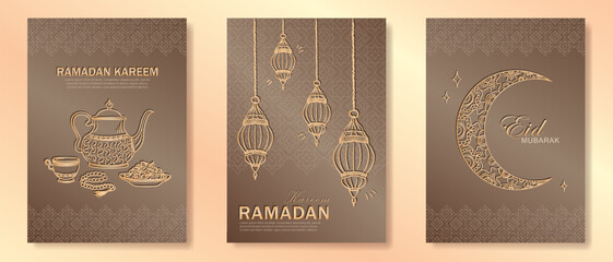 Set of beige greeting cards with hand drawn linear golden Iftari food, arabic lanterns and ornamental Muslim crescent moon for Ramadan holy month. Template of Eid Mubarak vertical banners