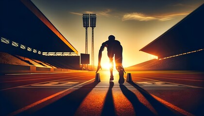 This image depicts a silhouette of a sprinter crouched in the starting blocks on a track, with the sun setting dramatically in the background, casting a warm glow and long shadows on the surface.

 - obrazy, fototapety, plakaty