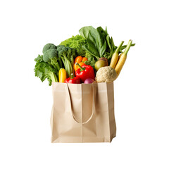 Supermarket Paper bag full of healthy food isolated on transparent background.